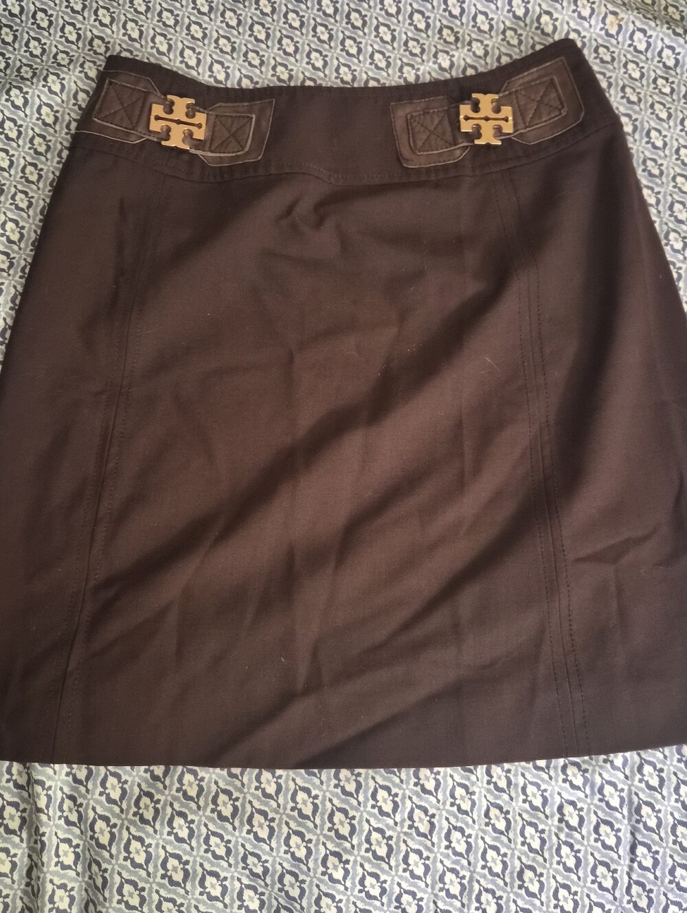 Tory Burch Brown Skirt with Gold Logo Tag And Leather Accents